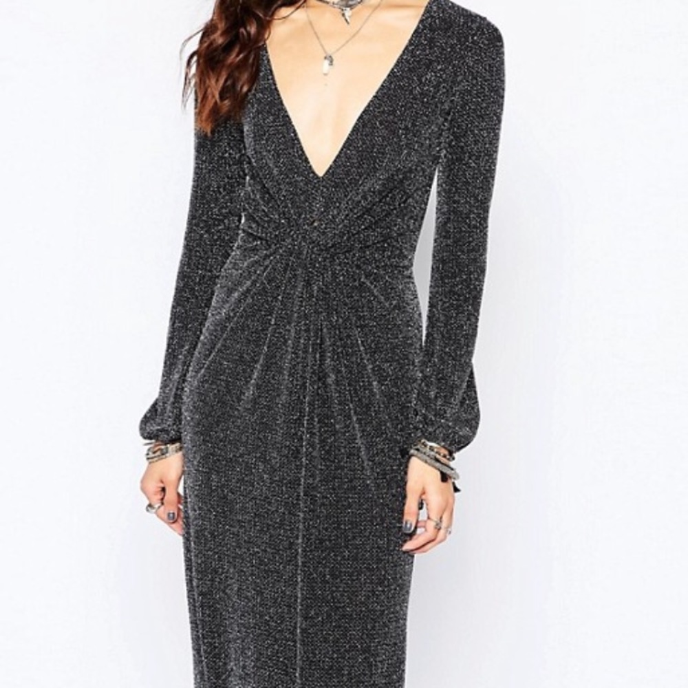 Plunging v neck metallic maxi dress